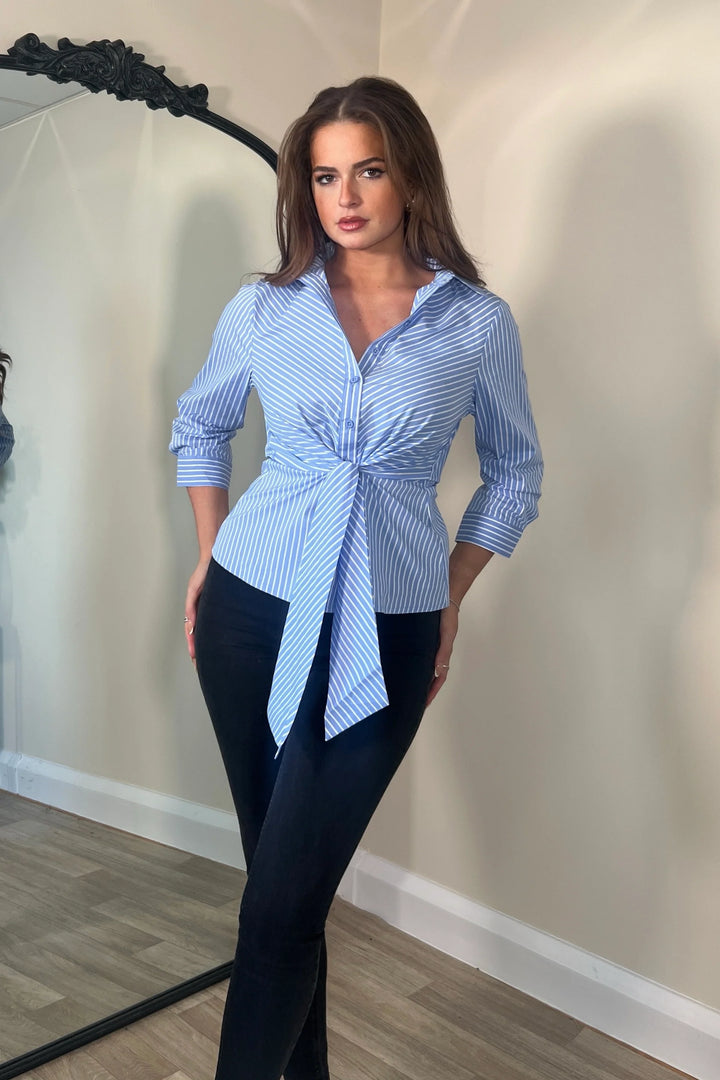 Philippa Blue Stripe Tie Front Collar Shirt