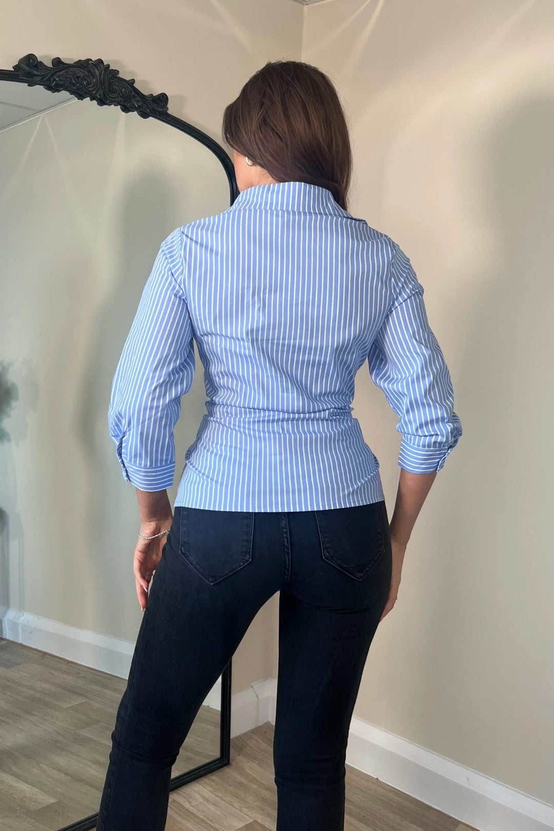 Philippa Blue Stripe Tie Front Collar Shirt