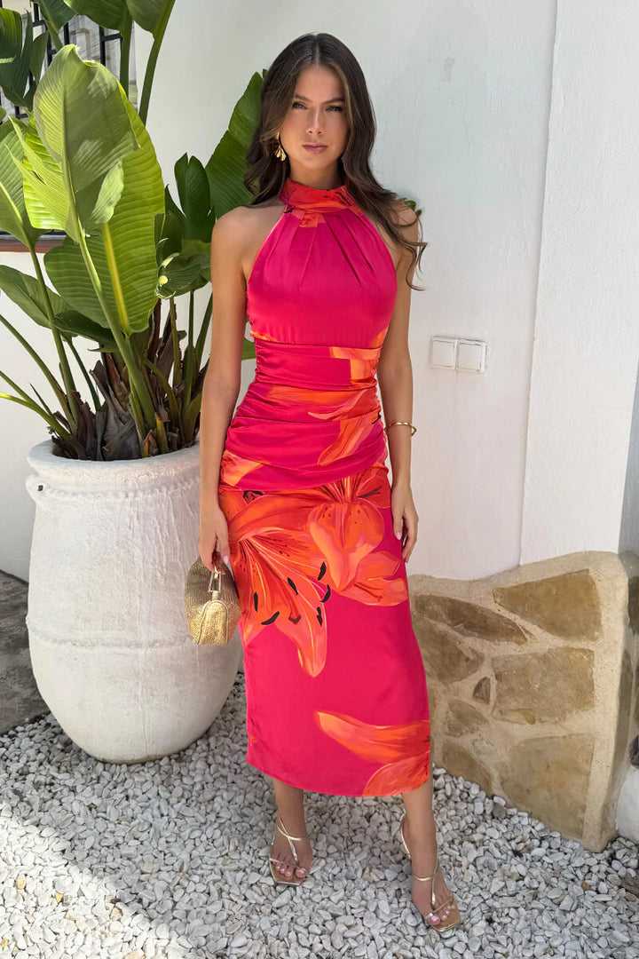 Romantica Pink and Orange Floral Print Halter Neck Bodycon Maxi Dress