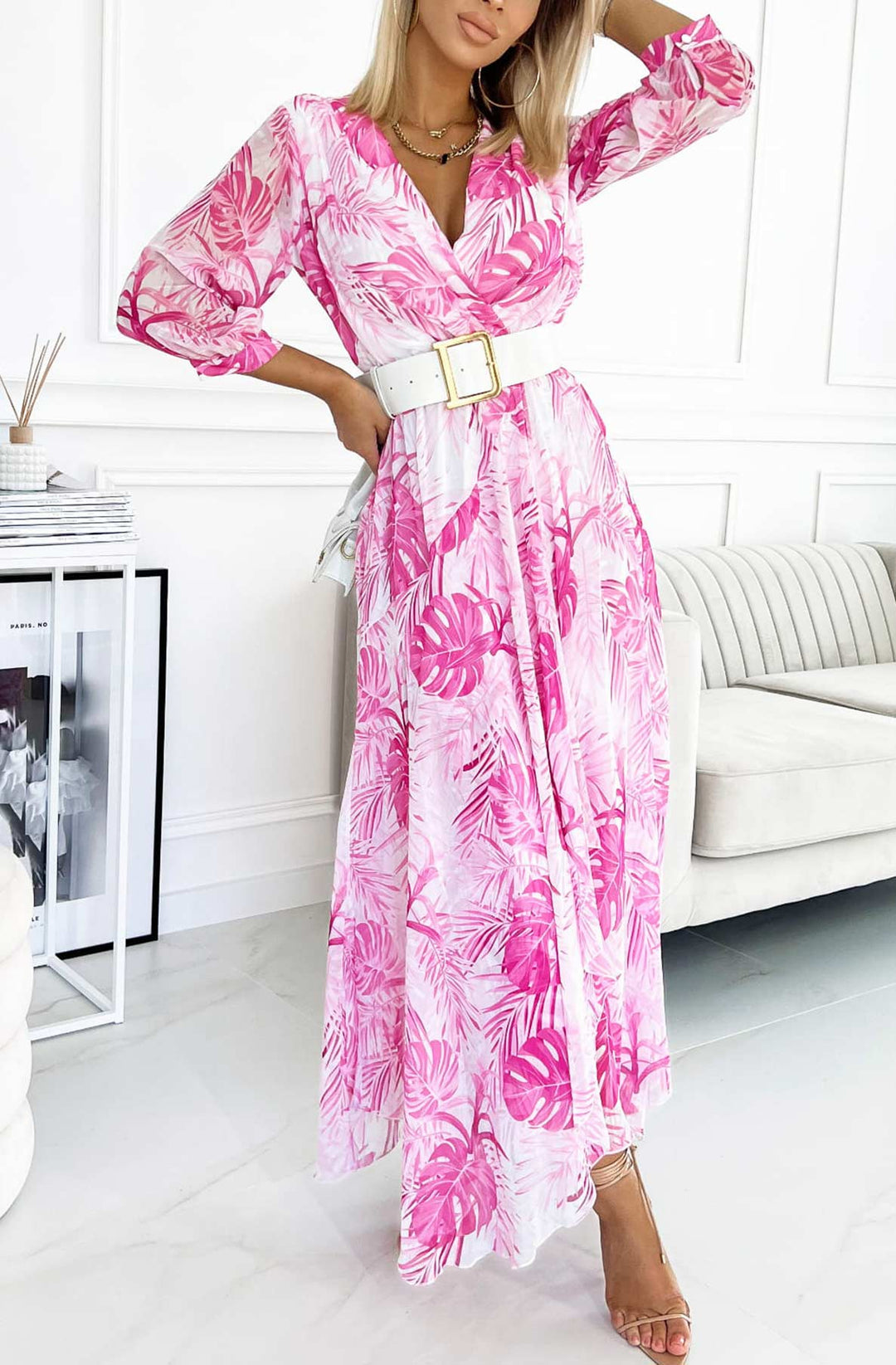 Gabrielle White & Pink Leaf Print 3/4 Sleeve Belted Chiffon Maxi Dress (WHITE BELT NOT INCLUDED)