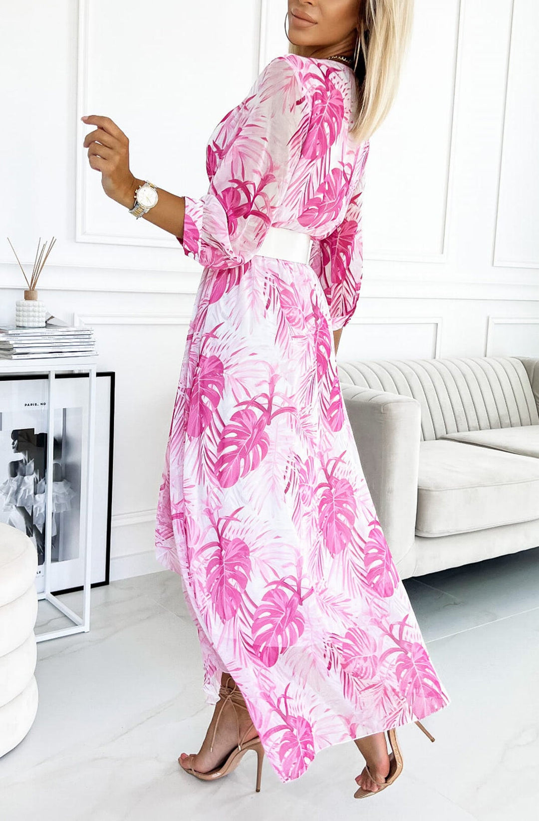 Gabrielle White & Pink Leaf Print 3/4 Sleeve Belted Chiffon Maxi Dress (WHITE BELT NOT INCLUDED)