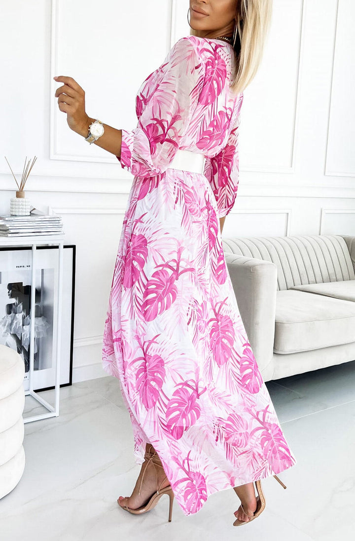 Gabrielle White & Pink Leaf Print 3/4 Sleeve Belted Chiffon Maxi Dress (WHITE BELT NOT INCLUDED)