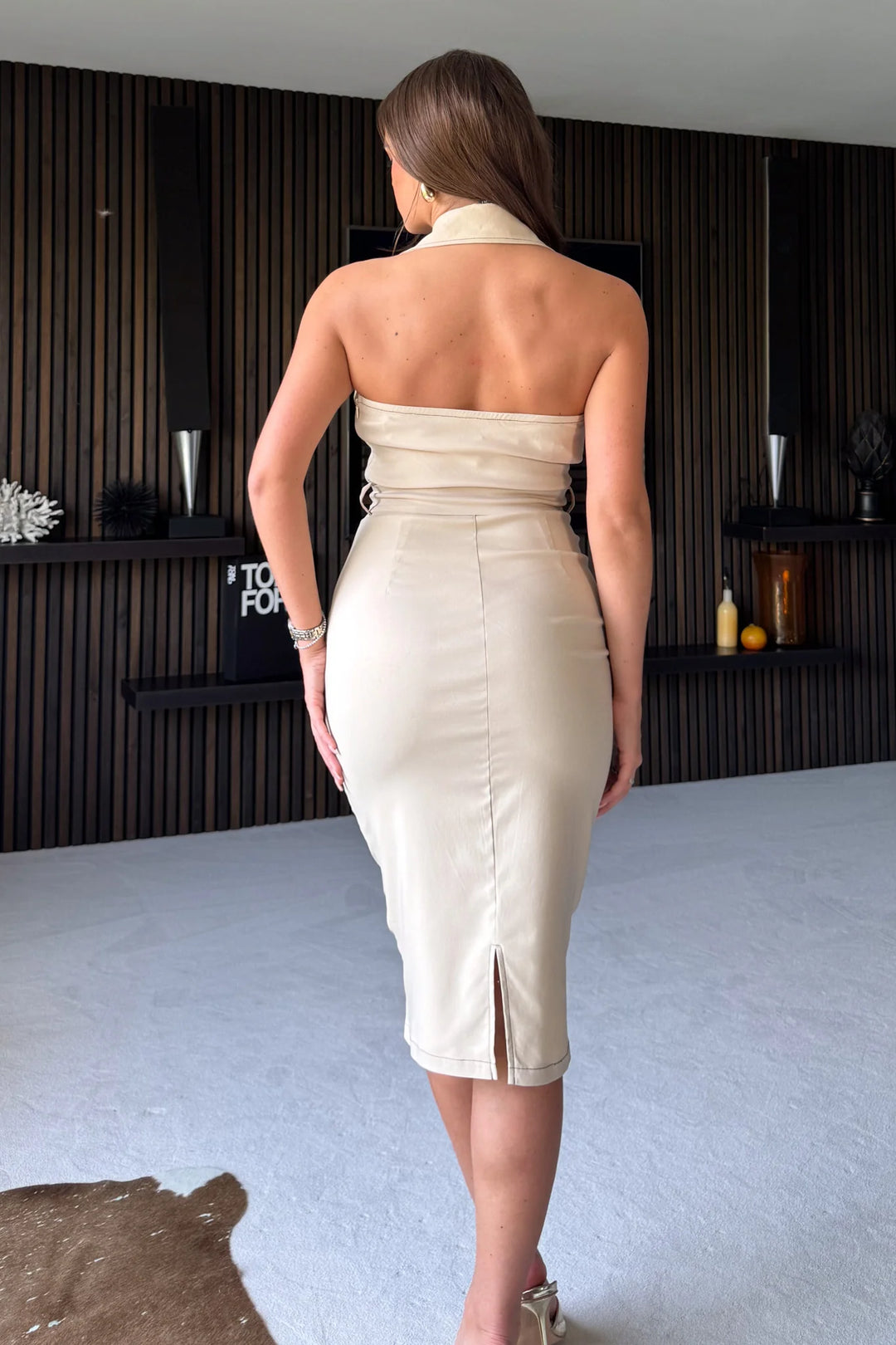 Scarlett Beige Cargo Belted Halterneck Bodycon Midi Dress