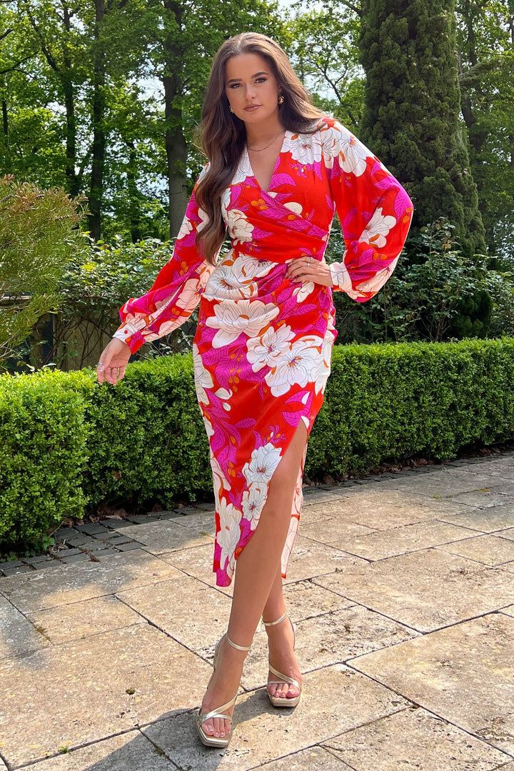 Elsa Red and Pink Floral Wrap Asymmetric Bodycon Midi Dress