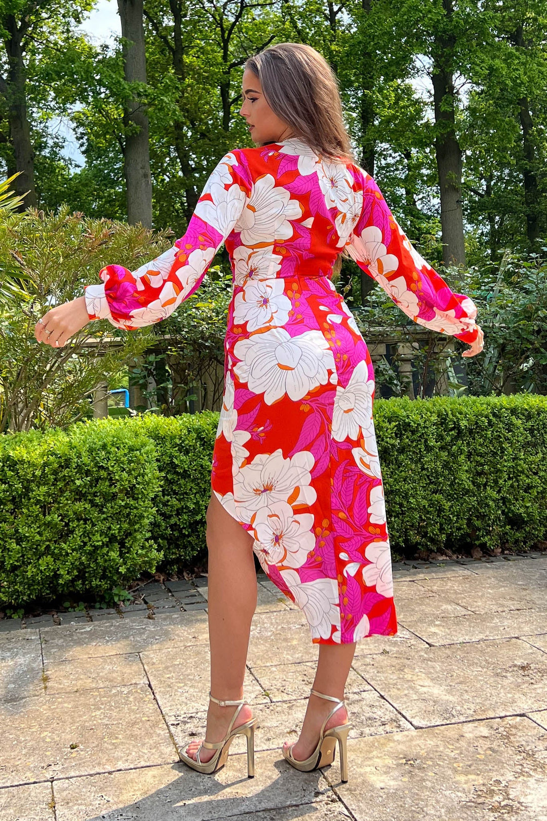 Elsa Red and Pink Floral Wrap Asymmetric Bodycon Midi Dress