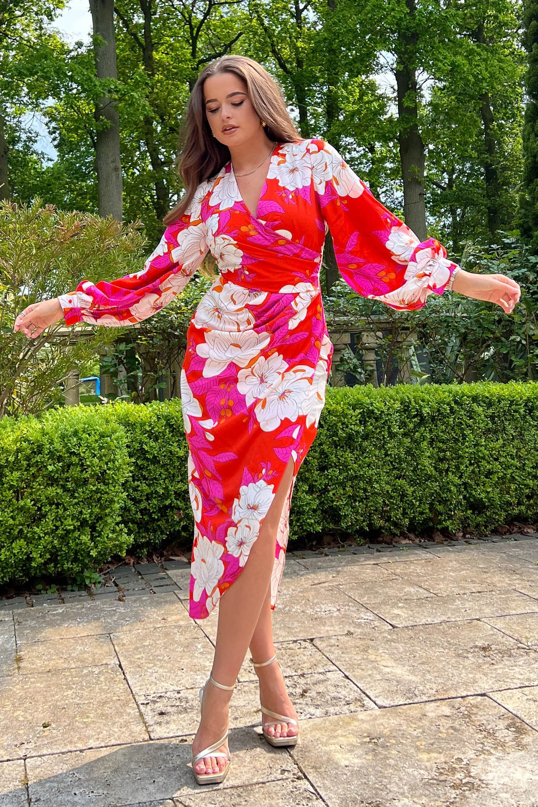 Elsa Red and Pink Floral Wrap Asymmetric Bodycon Midi Dress