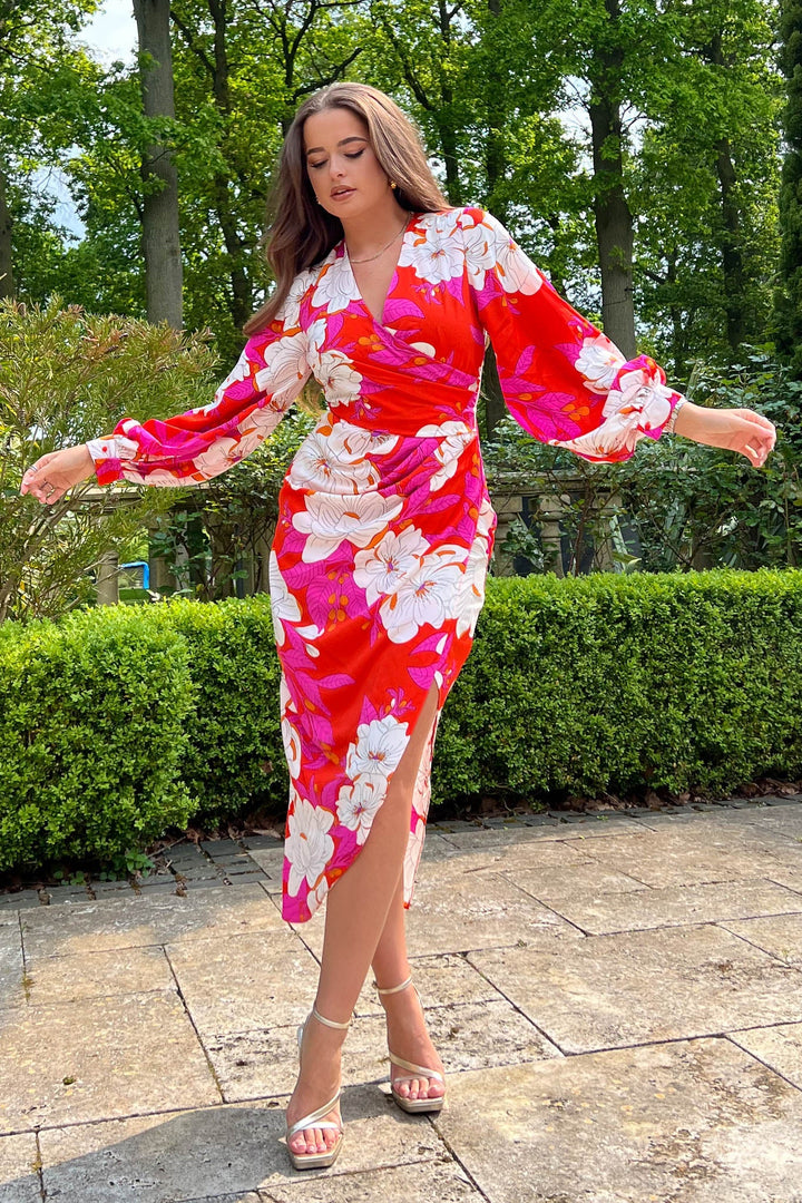 Elsa Red and Pink Floral Wrap Asymmetric Bodycon Midi Dress