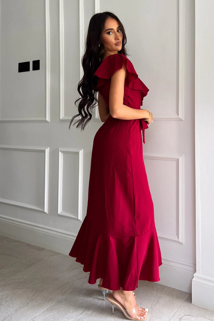 Emily Wine Red Frill Hem Belted Maxi Dress