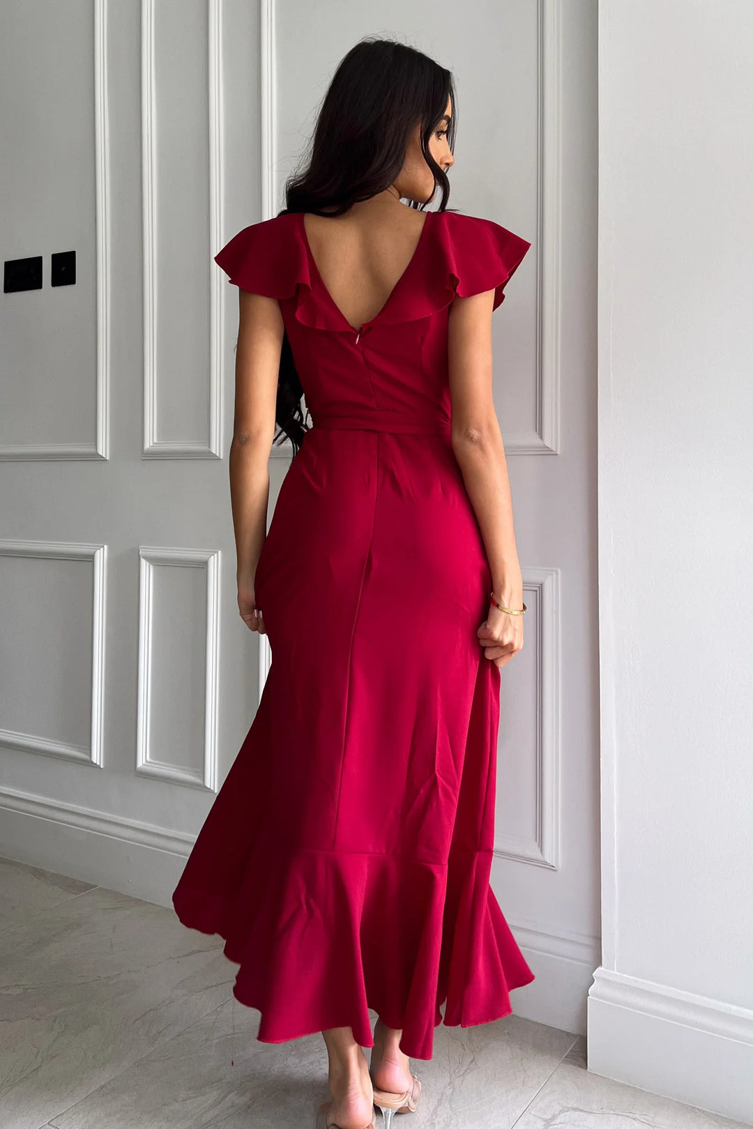 Emily Wine Red Frill Hem Belted Maxi Dress