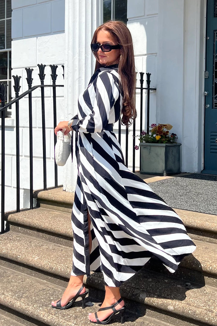 Brielle Black White Stripe Shirt Maxi Dress