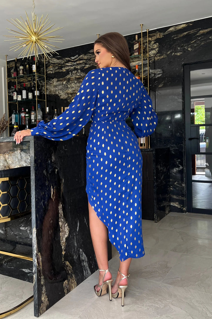Elsa Cobalt Blue Gold Foil Wrap Asymmetric Bodycon Midi Dress