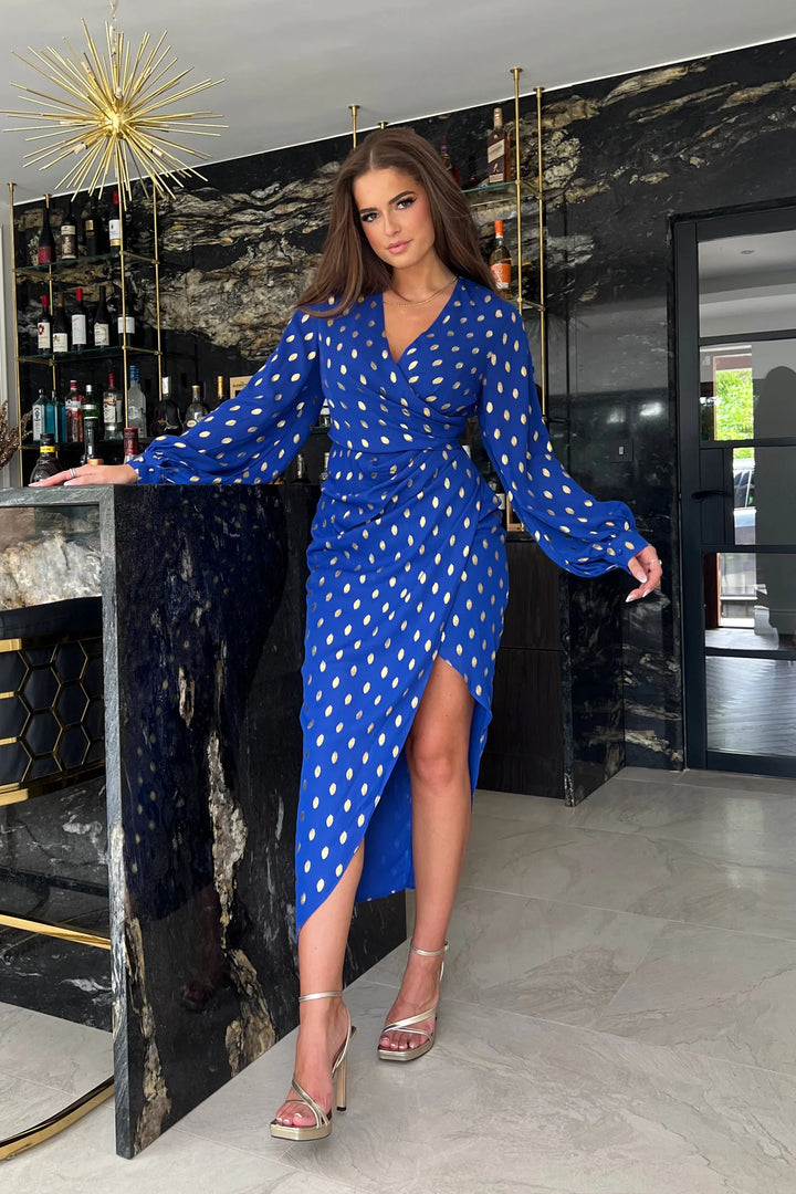 Elsa Cobalt Blue Gold Foil Wrap Asymmetric Bodycon Midi Dress