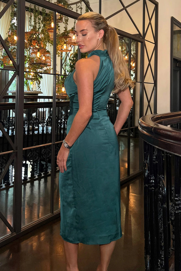 Alessia Dark Green Satin Halterneck Bodycon Midi Dress