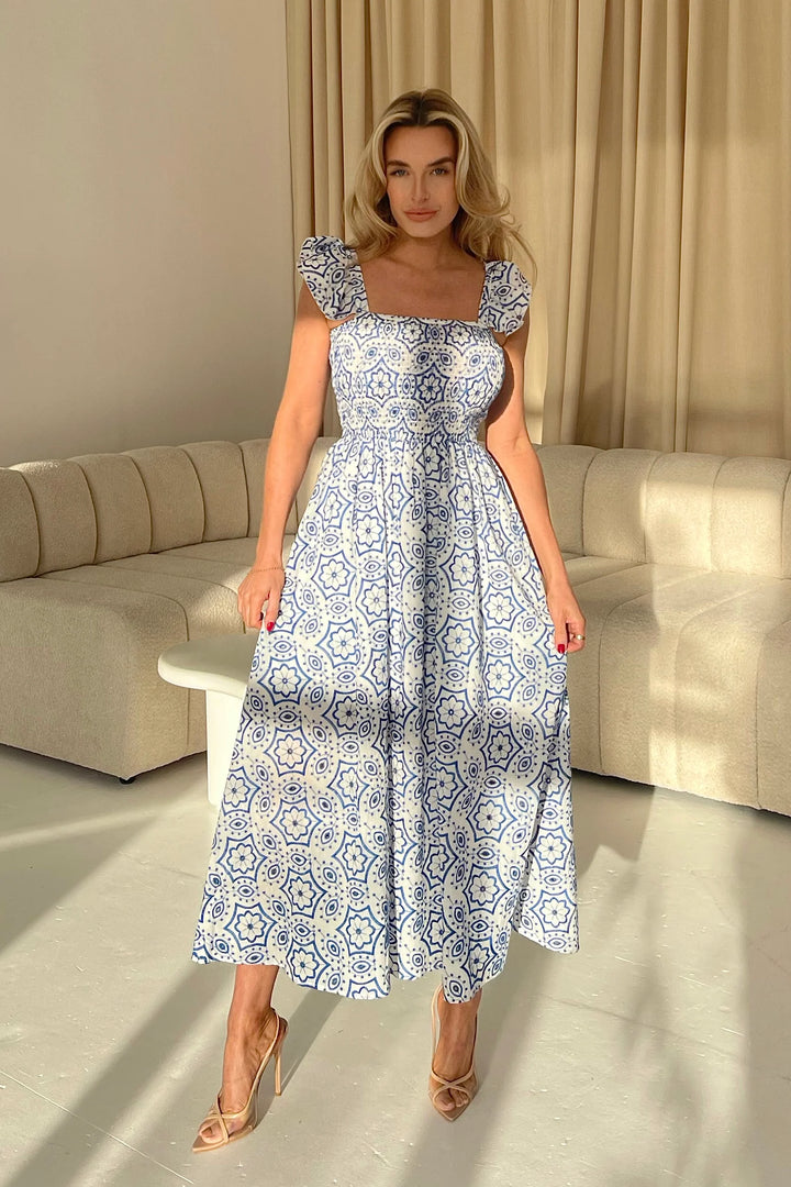 Lara Blue and White Broderie Anglaise Shirred Top Maxi Dress