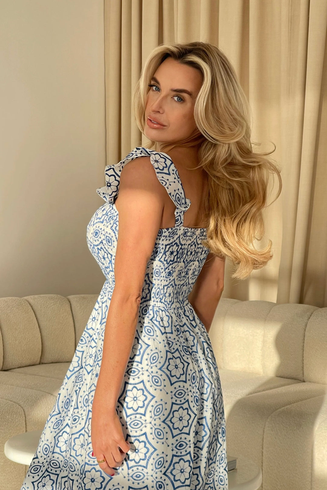 Lara Blue and White Broderie Anglaise Shirred Top Maxi Dress