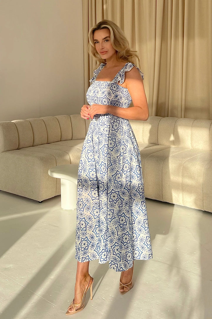 Lara Blue and White Broderie Anglaise Shirred Top Maxi Dress
