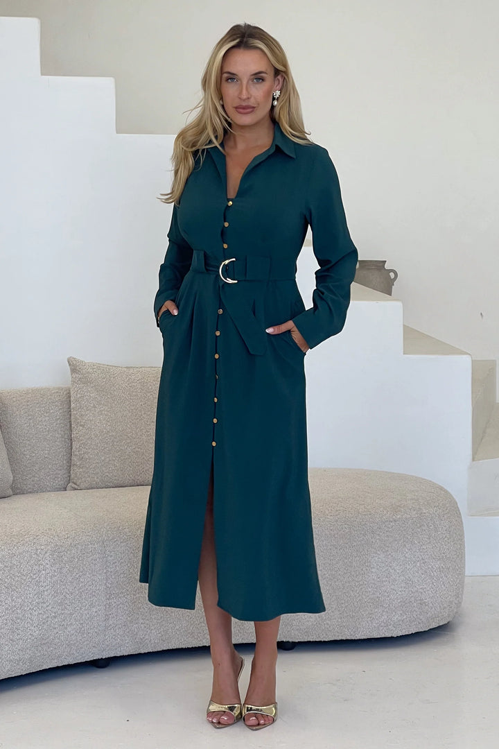 Grace Emerald Green Buckle Belted Midi Shirt Dress