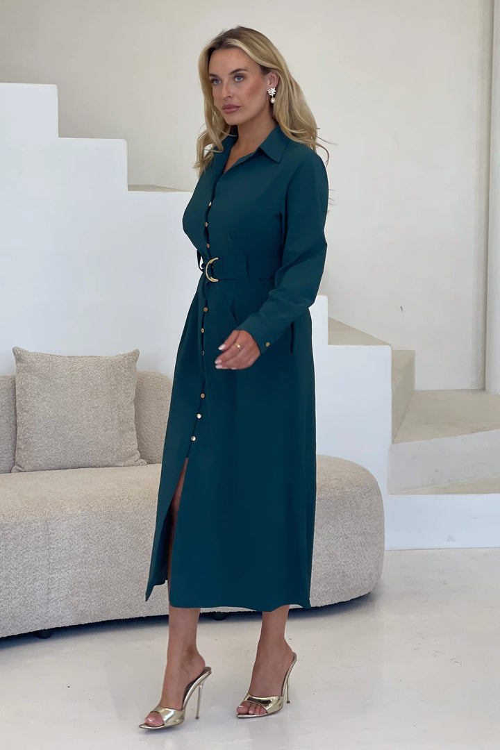 Grace Emerald Green Buckle Belted Midi Shirt Dress