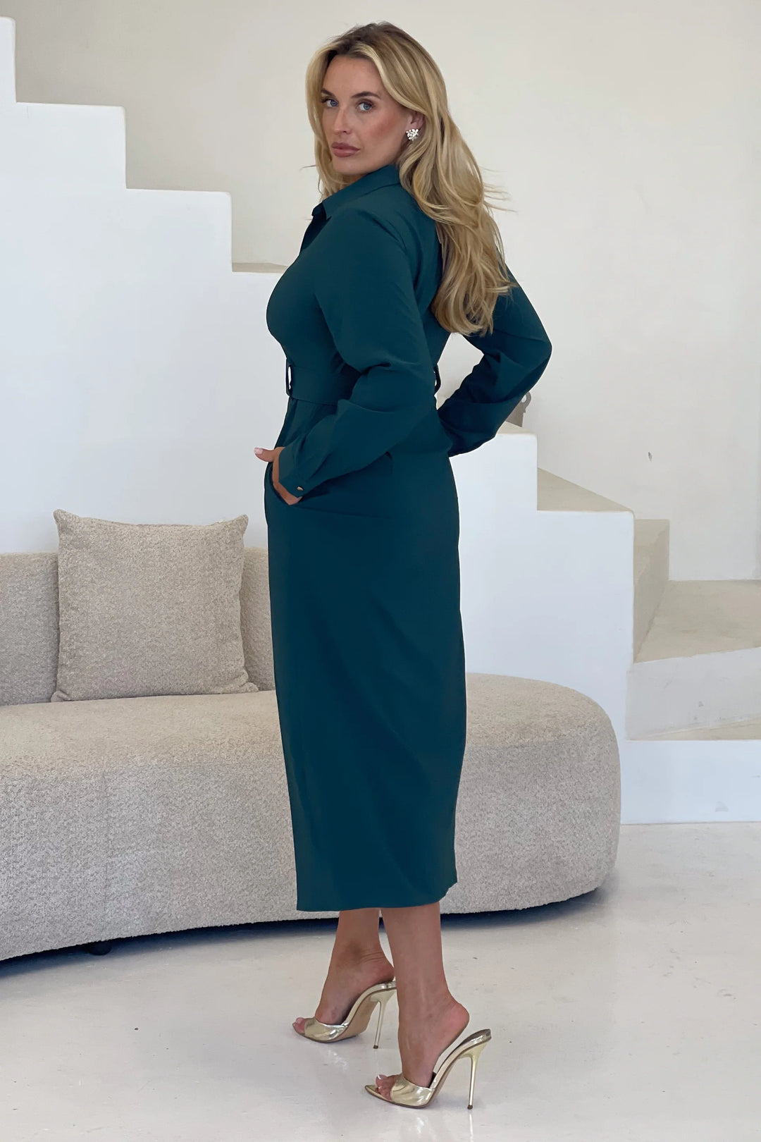 Grace Emerald Green Buckle Belted Midi Shirt Dress