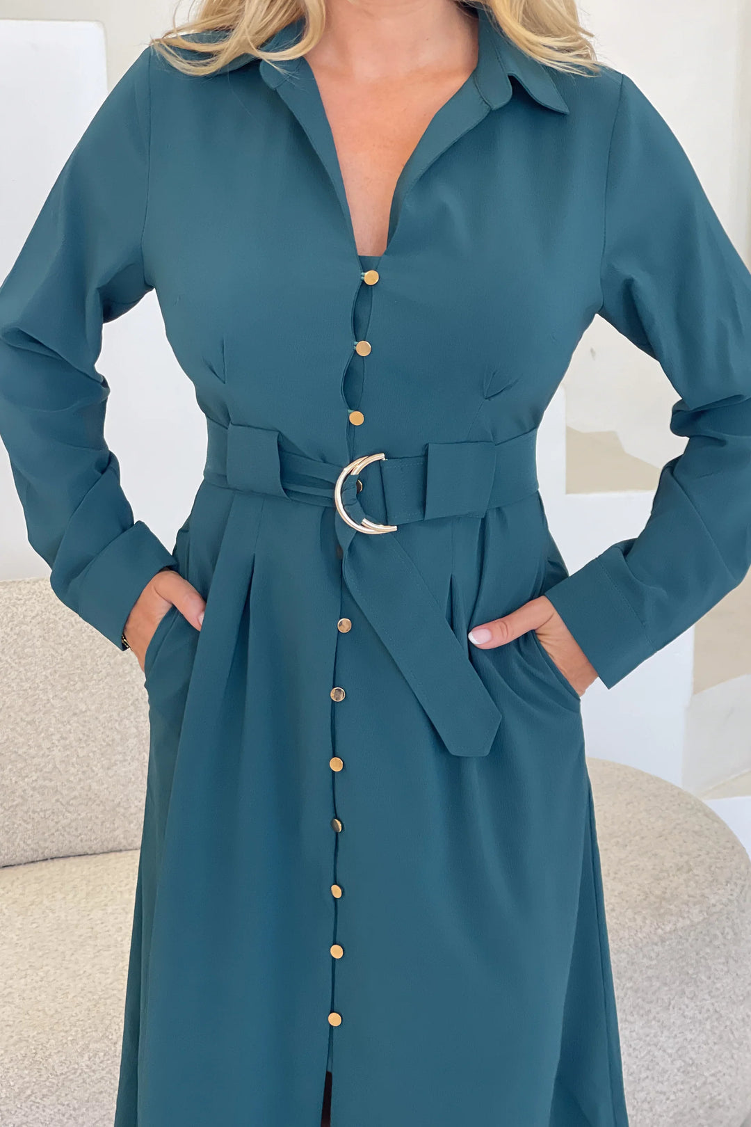 Grace Emerald Green Buckle Belted Midi Shirt Dress