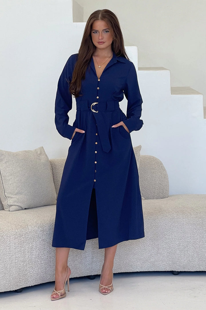 Grace Navy Buckle Belted Midi Shirt Dress
