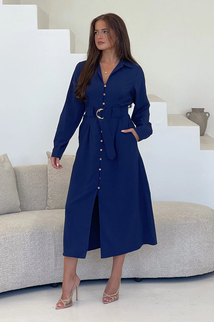 Grace Navy Buckle Belted Midi Shirt Dress