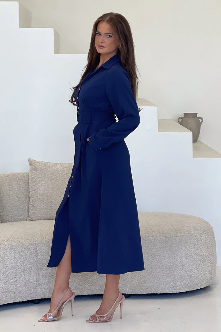 Grace Navy Buckle Belted Midi Shirt Dress