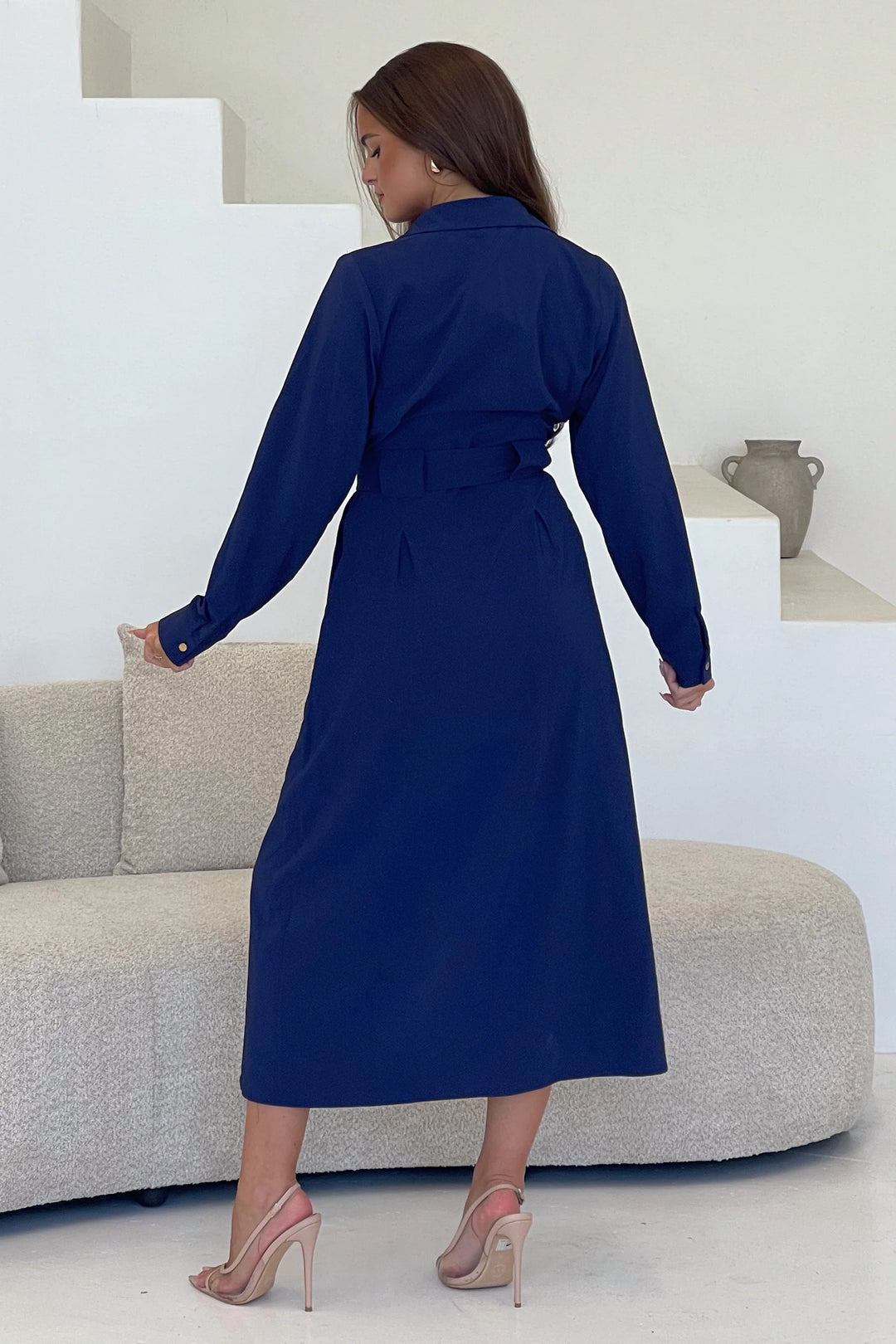 Grace Navy Buckle Belted Midi Shirt Dress