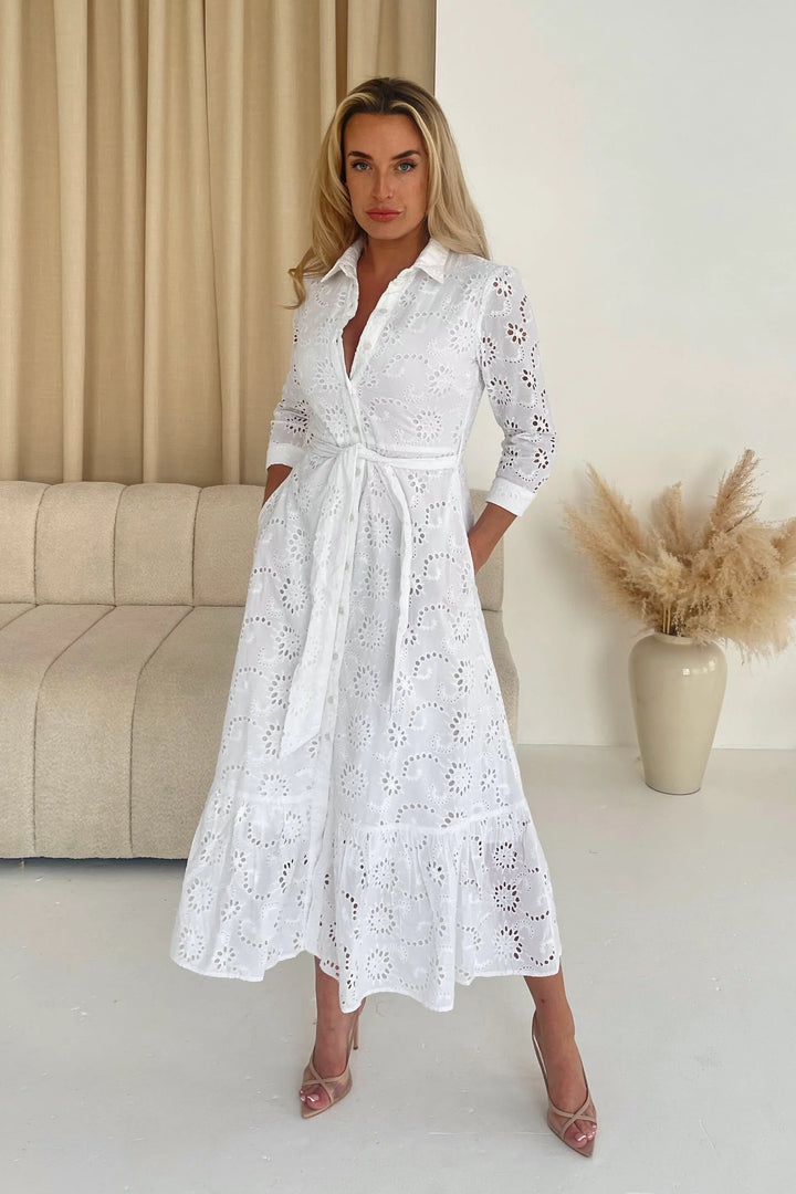 Michelle White Broderie Anglaise Belted Midaxi Shirt Dress