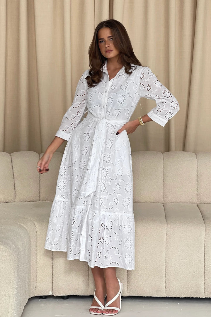 Michelle White Broderie Anglaise Belted Midaxi Shirt Dress