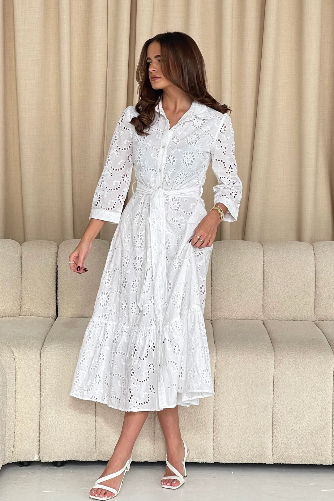 Michelle White Broderie Anglaise Belted Midaxi Shirt Dress