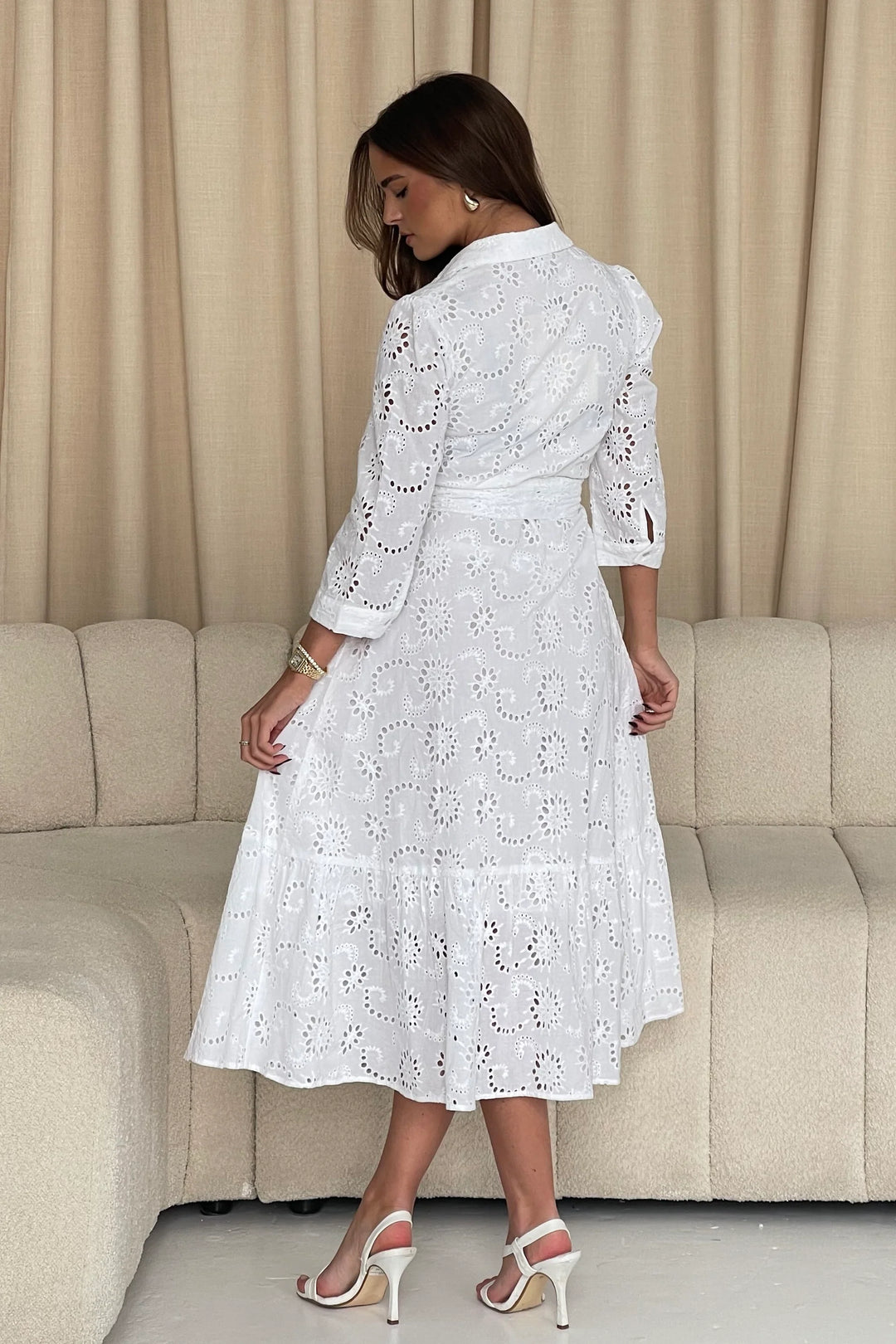 Michelle White Broderie Anglaise Belted Midaxi Shirt Dress