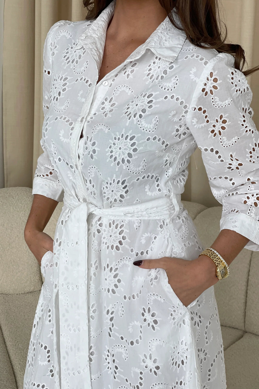 Michelle White Broderie Anglaise Belted Midaxi Shirt Dress