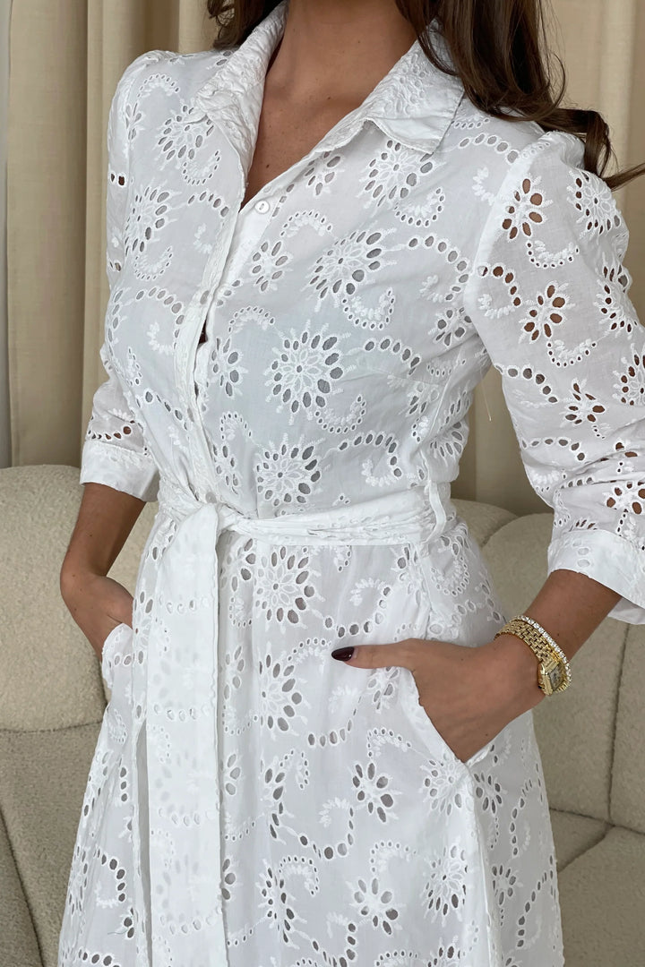 Michelle White Broderie Anglaise Belted Midaxi Shirt Dress