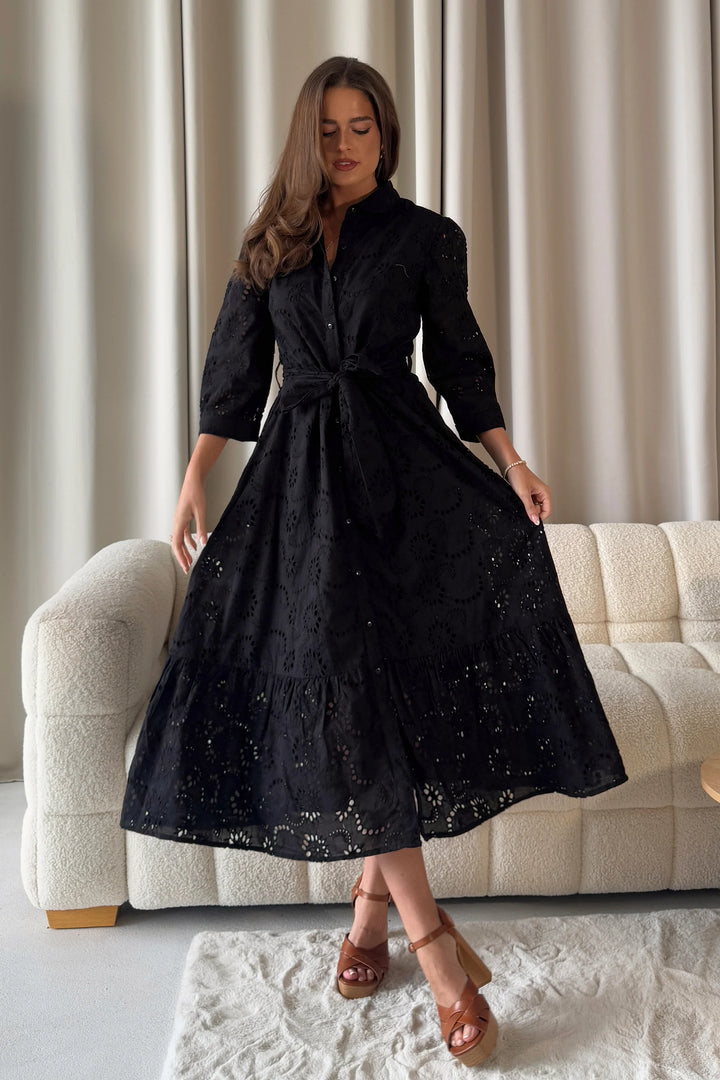 Michelle Black Broderie Anglaise Belted Midaxi Shirt Dress