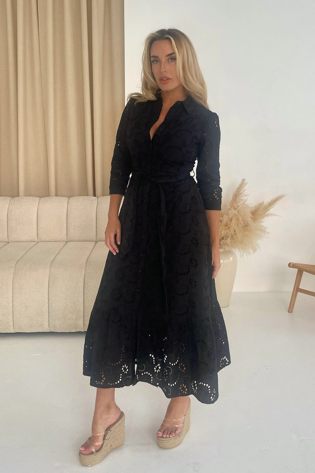 Michelle Black Broderie Anglaise Belted Midaxi Shirt Dress