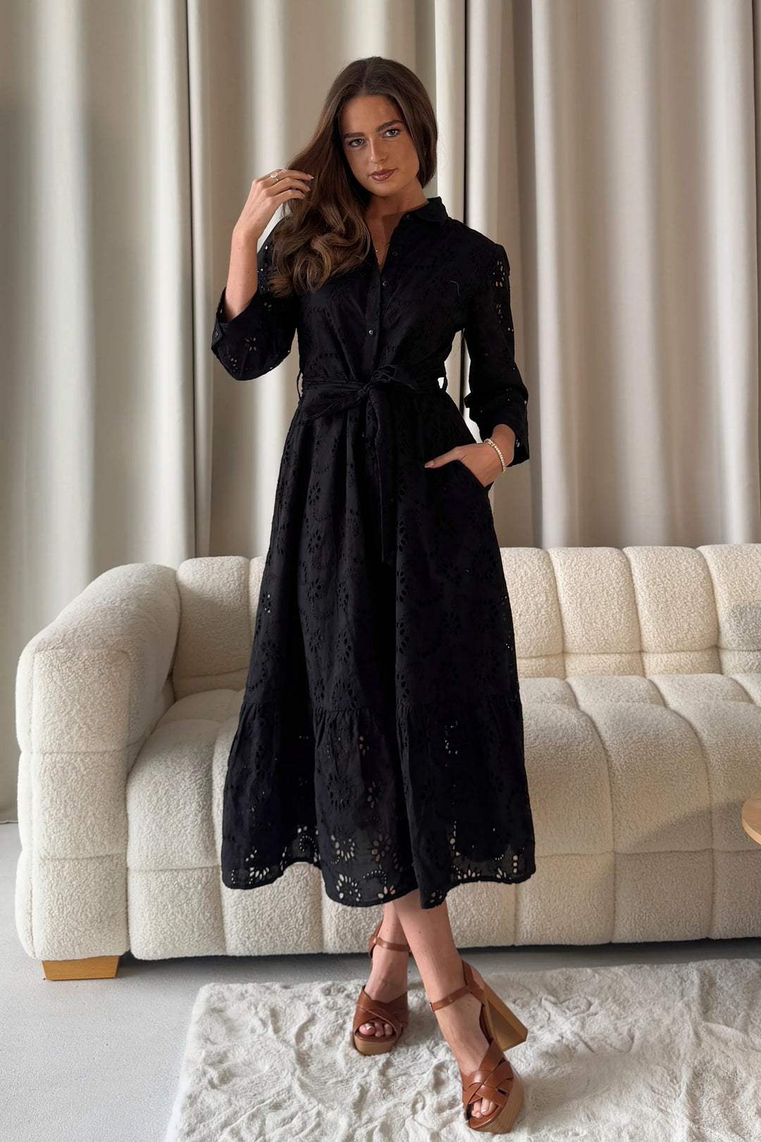 Michelle Black Broderie Anglaise Belted Midaxi Shirt Dress