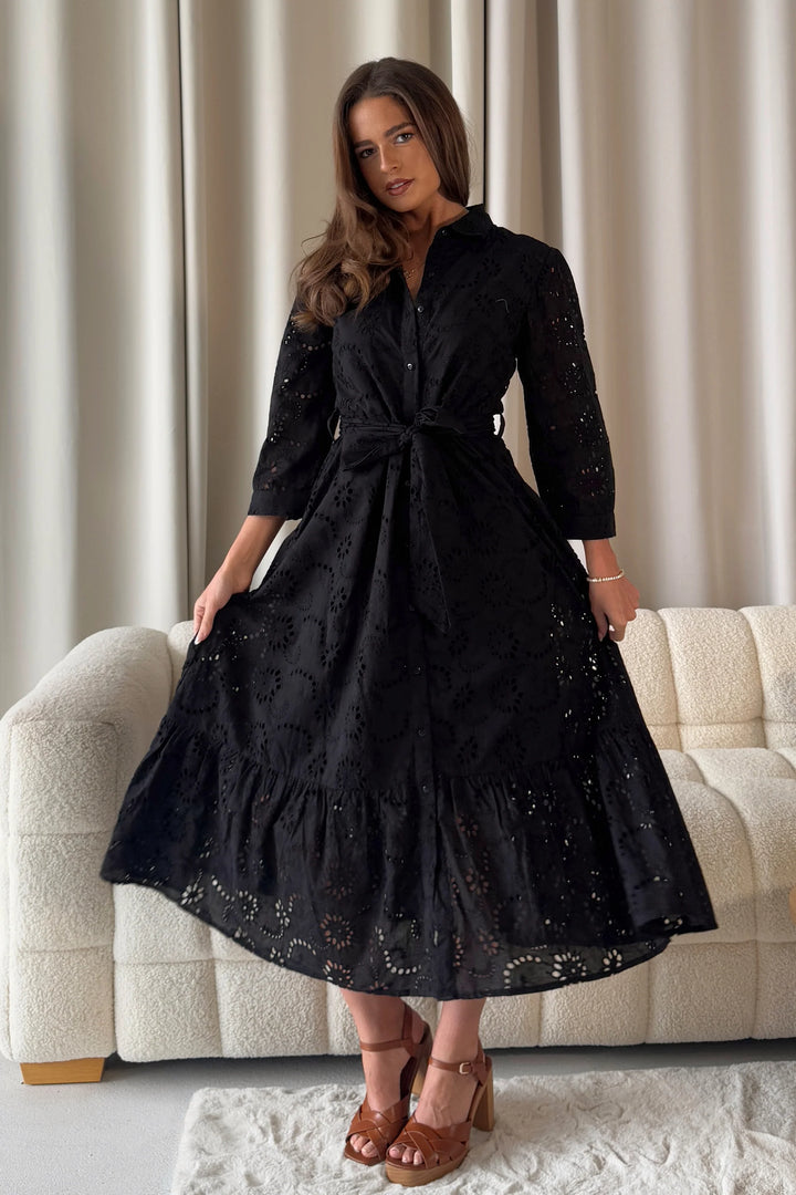 Michelle Black Broderie Anglaise Belted Midaxi Shirt Dress