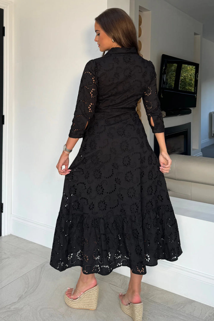 Michelle Black Broderie Anglaise Belted Midaxi Shirt Dress