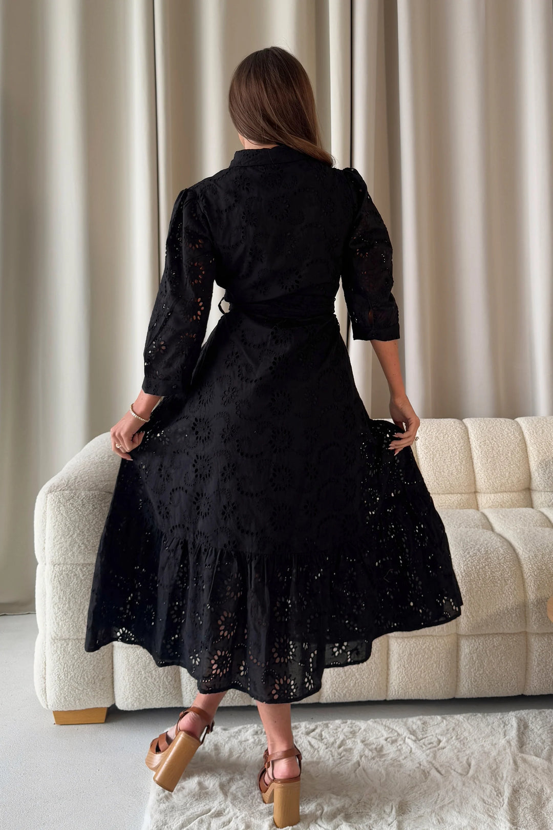 Michelle Black Broderie Anglaise Belted Midaxi Shirt Dress