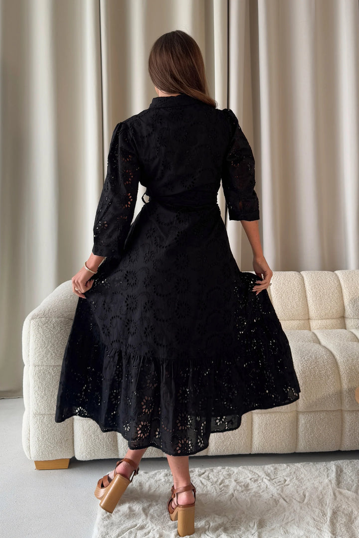 Michelle Black Broderie Anglaise Belted Midaxi Shirt Dress