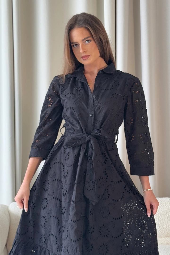 Michelle Black Broderie Anglaise Belted Midaxi Shirt Dress