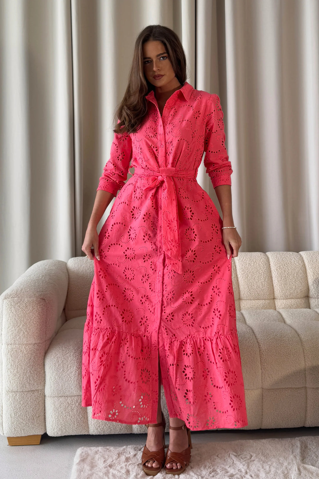Michelle Coral Broderie Anglaise Belted Maxi Shirt Dress