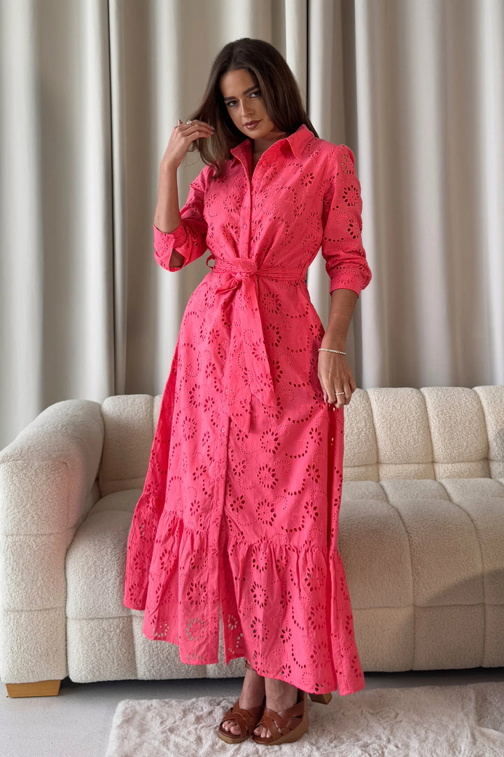 Michelle Coral Broderie Anglaise Belted Maxi Shirt Dress