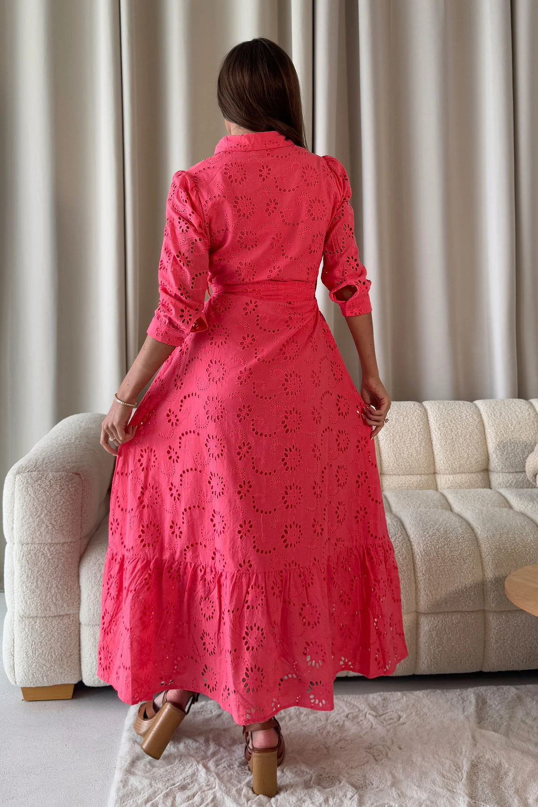 Michelle Coral Broderie Anglaise Belted Maxi Shirt Dress