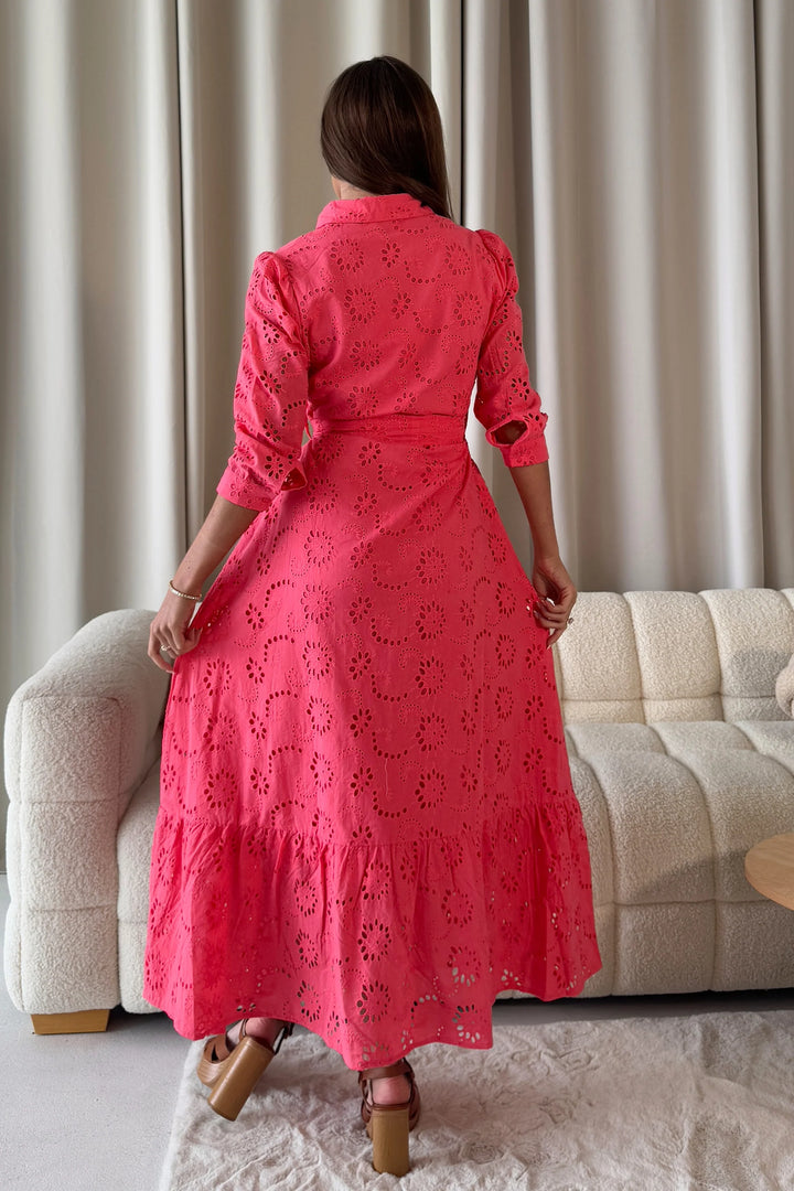 Michelle Coral Broderie Anglaise Belted Maxi Shirt Dress