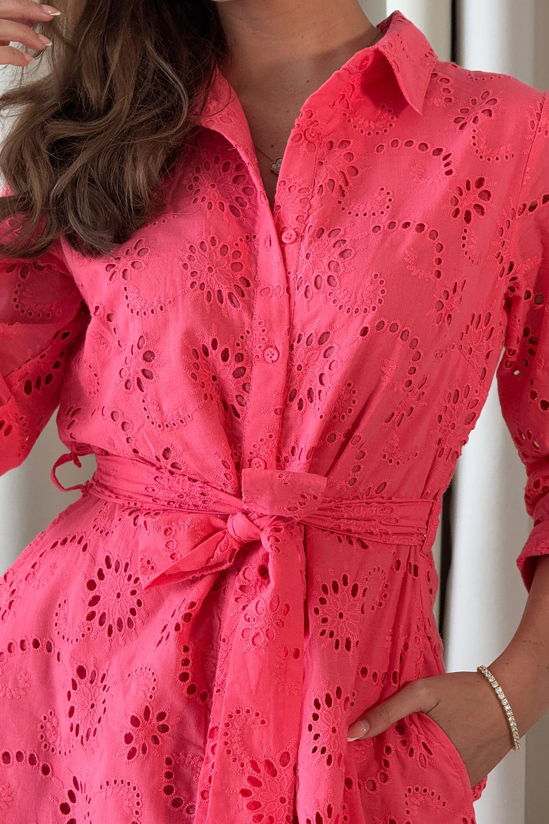 Michelle Coral Broderie Anglaise Belted Maxi Shirt Dress