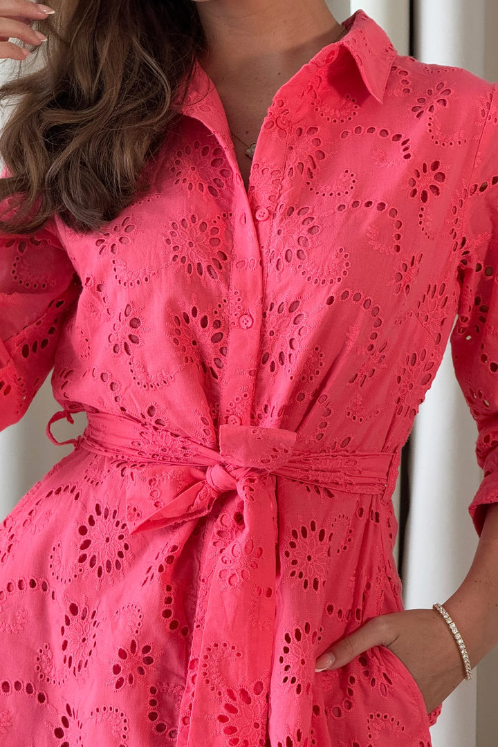 Michelle Coral Broderie Anglaise Belted Maxi Shirt Dress