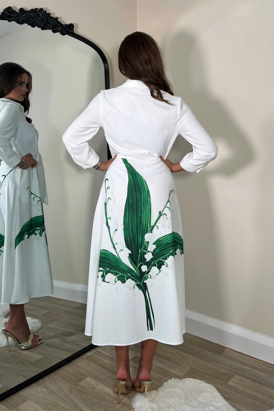 Isabelle White Green Leaf Tie Front 3/4 Sleeve Midaxi Shirt Dress
