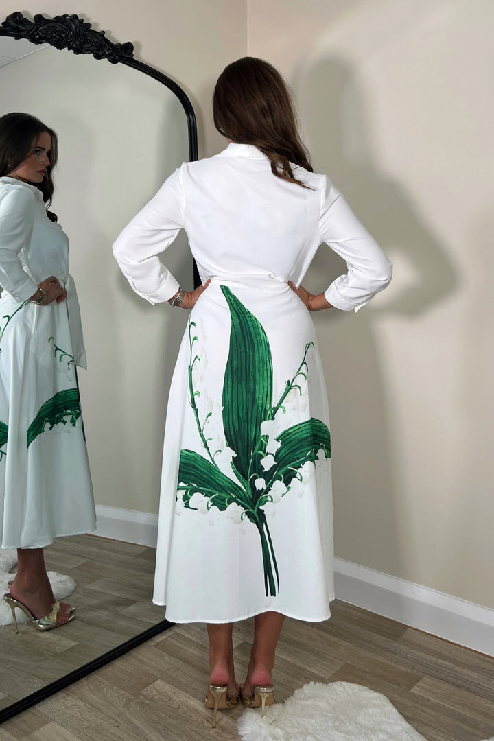 Isabelle White Green Leaf Tie Front 3/4 Sleeve Midaxi Shirt Dress